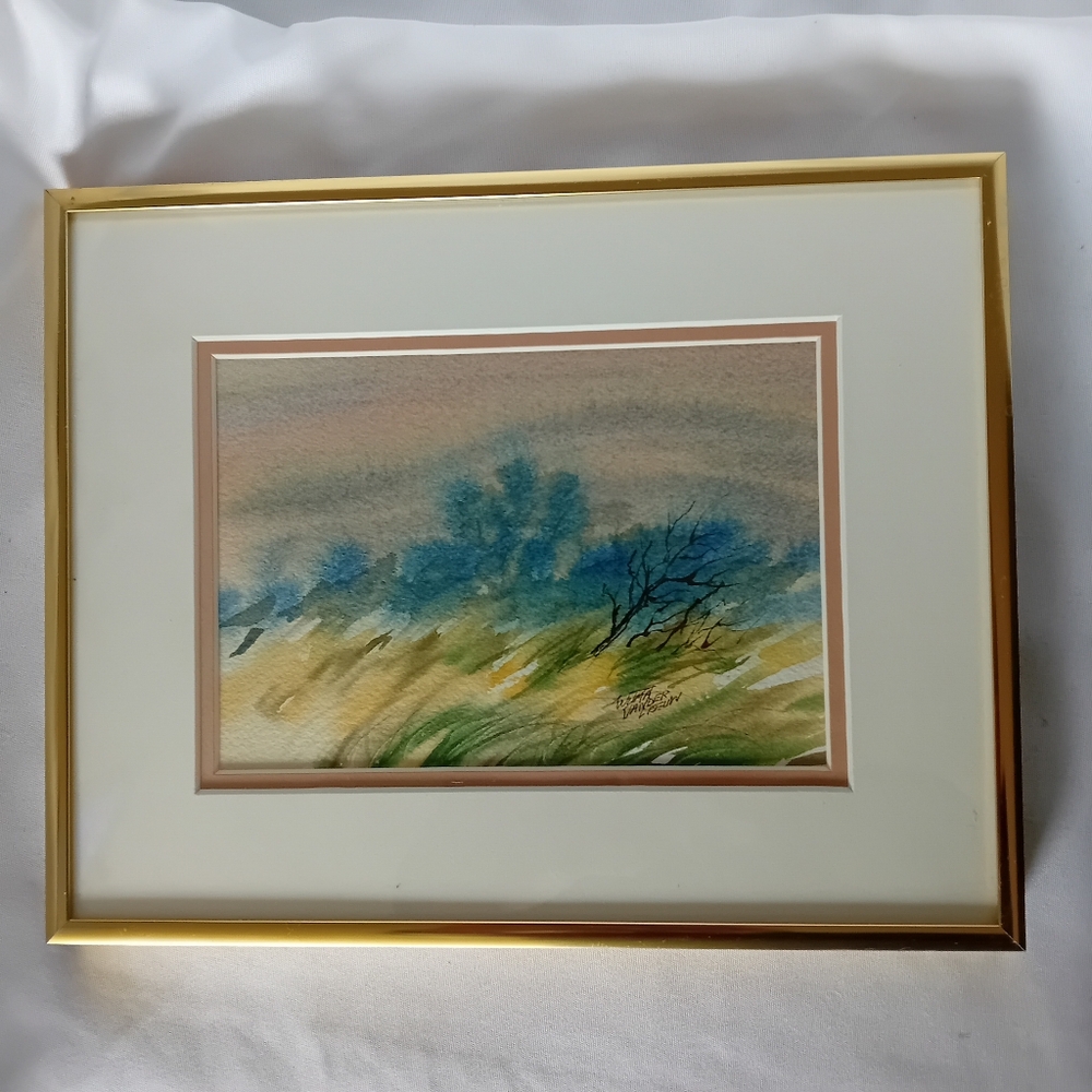 Framed Landscape Watercolor Art with Gold Frame